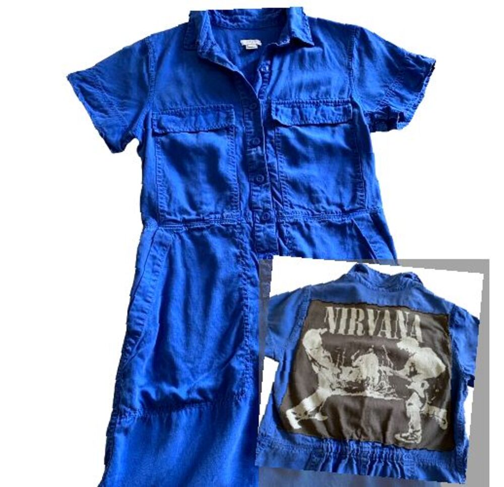 Upcycled J Crew Blue Shirt Mini Dress Nirvana Band Patch Grunge Indie Size 4 - Picture 2 of 7